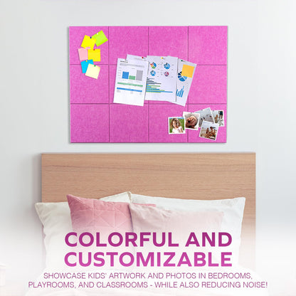 Bulletin Board 40x30in, 12 Count 9.8 x 9.8in Felt Wall Tiles with Removable Adhesive Tape, Cork Board Alternative for Walls, Wall Decor, Kids Art Display, Kids Room (Magenta Collection)