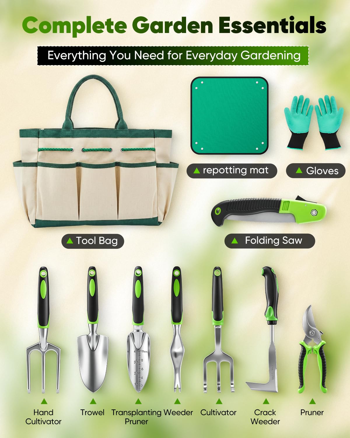 Garden Tool Set Gardening Tools - Heavy Duty Aluminum Tool Kit with Non-Slip Handle, Gardening Gloves and Tool Bag for Weeding, Planting and Pruning, Gifts for Women Mom (Green Set)
