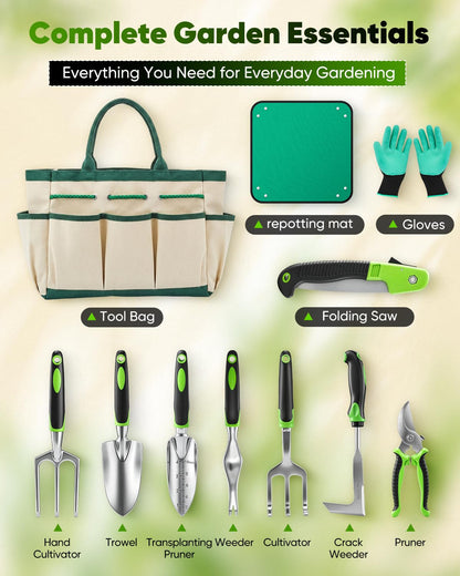 Garden Tool Set Gardening Tools - Heavy Duty Aluminum Tool Kit with Non-Slip Handle, Gardening Gloves and Tool Bag for Weeding, Planting and Pruning, Gifts for Women Mom (Green Set)