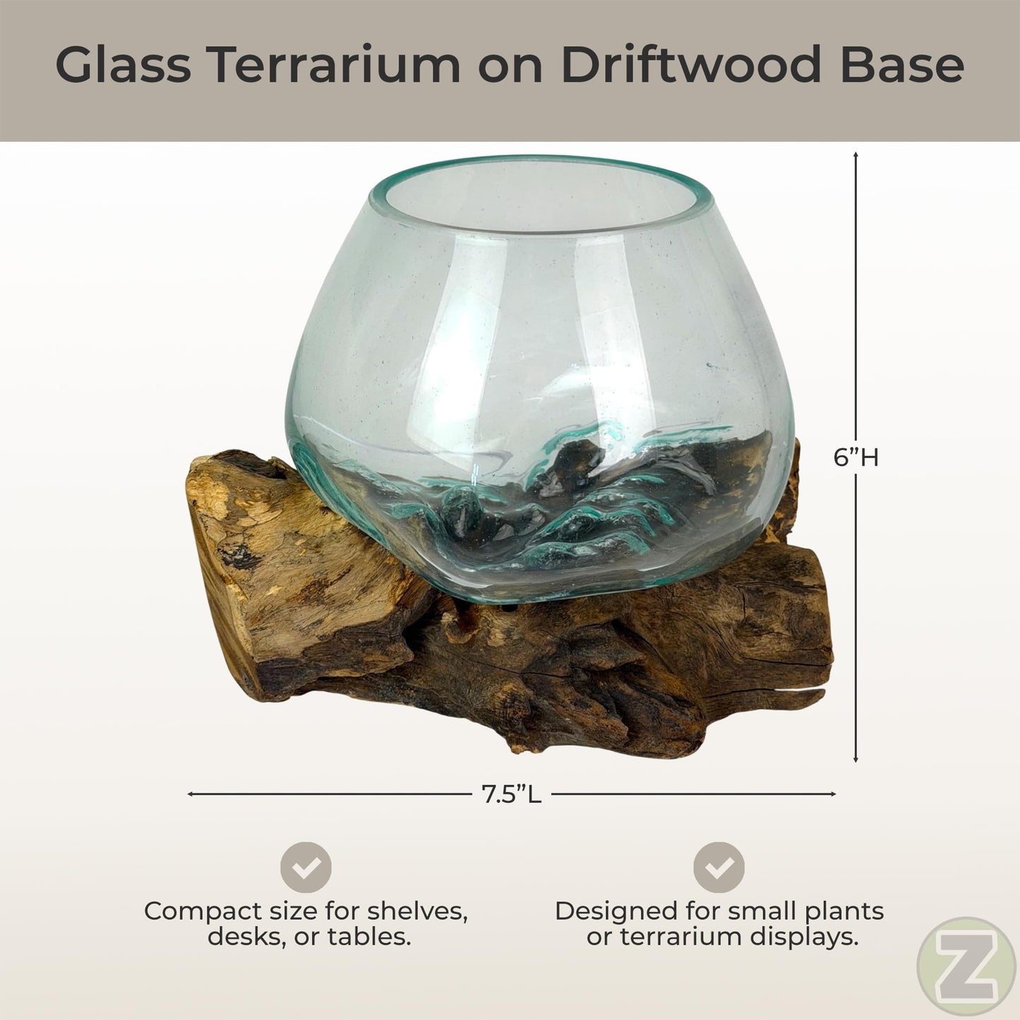 Zeckos Planter Terrarium with Molten Glass Bowl on Driftwood Base, Coastal Wood and Glass Tabletop Planter, 7.5 X 7 X 6 Inch Freestanding Indoor Accent for Succulents or Air Plants