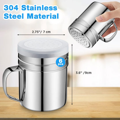 Lallisa 6 Pcs 10oz Stainless Steel Salt and Pepper Shakers with Lid and Handle Dredge Spice Seasoning Condiment Popcorn Salt Shaker Powder Sugar Flour for Cooking Kitchen Baking