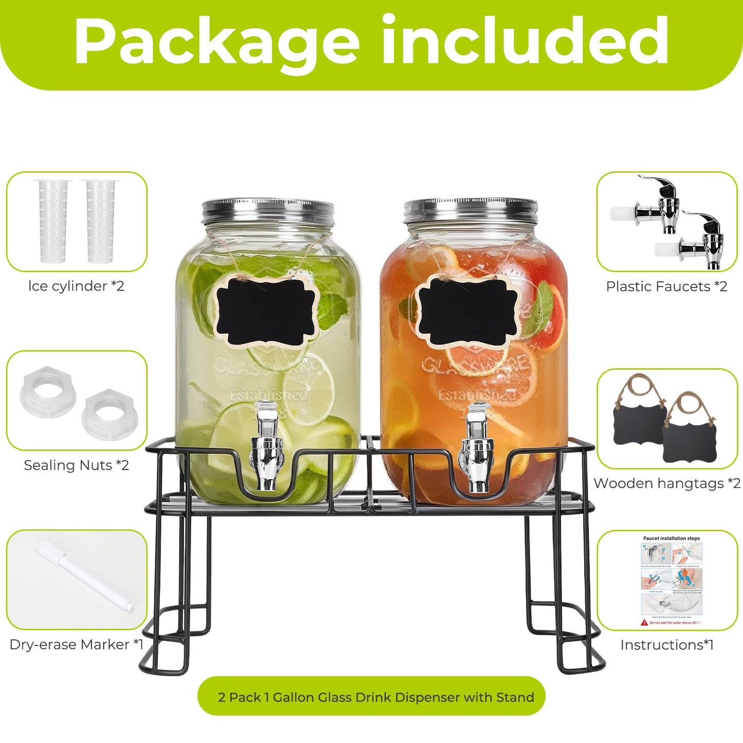 DHSBTLS 1 Gallon Glass Drink Dispensers, 2 Pack Clear Beverage Dispenser for Party, BBQ and Picnic, Juice Dispenser with Ice Core, Black Stand, Spigot, Markers and Chalkboard