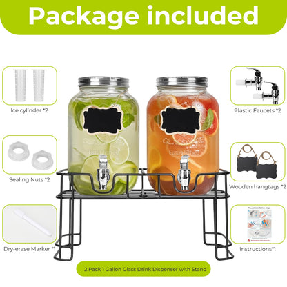 DHSBTLS 1 Gallon Glass Drink Dispensers, 2 Pack Clear Beverage Dispenser for Party, BBQ and Picnic, Juice Dispenser with Ice Core, Black Stand, Spigot, Markers and Chalkboard