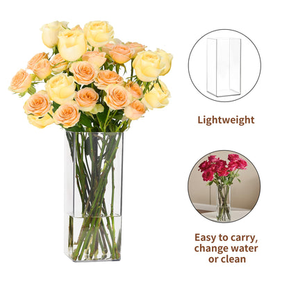 Guluto Acrylic Square Flower Vase, Non-breakable Vase, 4" x 4" x 8" Tall Clear Vases for Flower, Large Cube Floral Plant Container, Planter Terrarium for Wedding Party Event, Home Office Decor