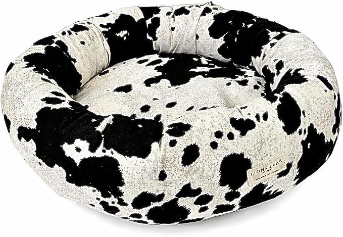 Round Dog Bed – Natural Canvas, Removable Washable Cover, Raw Cotton or Latex Fill, Hypoallergenic Non-Toxic, Made in USA (Cow Print Black White, Medium, Firm Support – Raw Cotton)