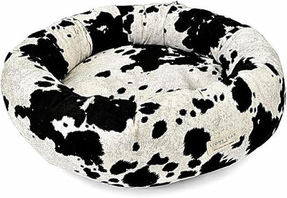 Round Dog Bed – Natural Canvas, Removable Washable Cover, Raw Cotton or Latex Fill, Hypoallergenic Non-Toxic, Made in USA (Cow Print Black White, X-Small, Soft Comfort – Organic Latex)