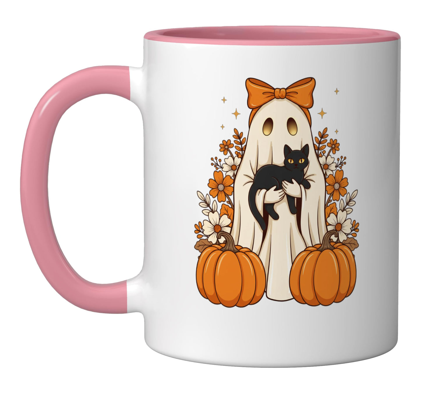 Halloween Ghost Holding Black Cat Pumpkin Floral Cute Spooky Ceramic Mug, Pink/White