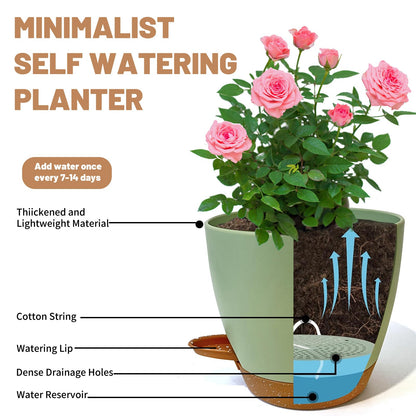 LIFFY Plant Pots, 8,7.5,7,6.5,6,5.5,5 Inch Plastic Self Watering Planters with Drainage Holes & Saucers, 7-Pack Green Nursery Planting Pot with Deep Reservoir for Indoor Outdoor Plants