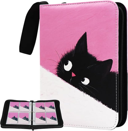 Cute Cat Card Binder, 400 Pocket Card Album for Girls Gifts, Black Cat kitten Trading Game Card Holder Album for Standard Size Cards, Collectible Game Collection Case (Pink)