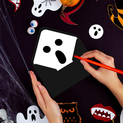 Whaline 50Pcs Halloween Envelopes White Black Ghost Invitation Envelope with Sticker Spooky Boo V-Flap Greeting Card Holders Gift Card Sleeves for Trick or Treat, 5 x 7 Inch