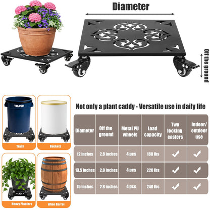 1 Pack Large Square Metal Plant Caddy with Wheels 13.5 Inches Heavy-duty Rolling Plant Stands with Casters Wheeled Flower Pot Mover Rollers Rust-proof Iron Planter Dolly Coasters Indoor Outdoor Use