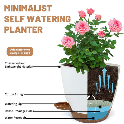 LIFFY Plant Pots, 8,7.5,7,6.5,6,5.5,5 Inch Plastic Self Watering Planters with Drainage Holes & Saucers, 7-Pack White Nursery Planting Pot with Deep Reservoir for Indoor Outdoor Plants