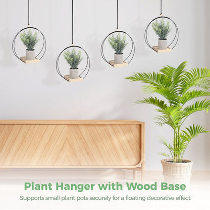 Tressify 4 Pcs Hanging Plant Holder with Wooden Base, Metal Circle Planter, Ceiling Hooks for Small Pots, Macrame, Indoor Outdoor