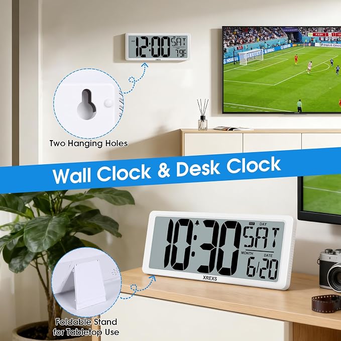 XREXS Large Digital Wall Clock, Electronic Alarm Clocks for Bedroom, Count Up & Down Timer, Battery Operated 14.17 Inch Large LCD Screen with Time/Date/Temperature Display