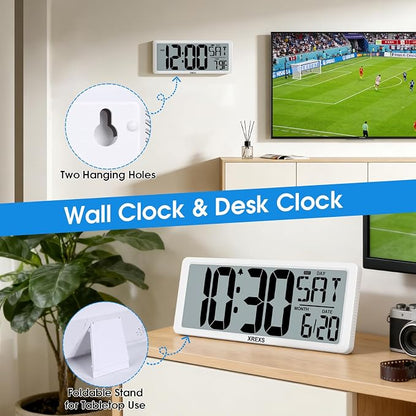 XREXS Large Digital Wall Clock, Electronic Alarm Clocks for Bedroom, Count Up & Down Timer, Battery Operated 14.17 Inch Large LCD Screen with Time/Date/Temperature Display