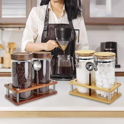 Venuekkuri Glass Coffee Grounds Container with Shelf, 2 × 45 oz Glass Coffee Canisters with Airtight Thread Lid, Storage Jars with Stainless Steel Spoon for Coffee Bean, Sugar,Nut