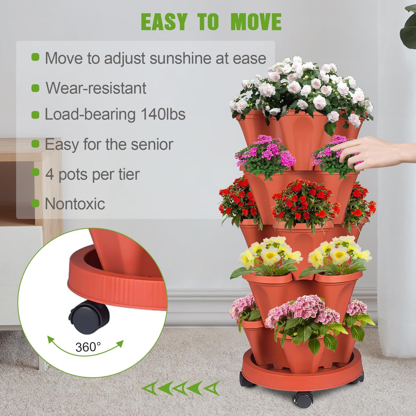 Bociks Vertical Strawberry Planter 5 Tier Stackable Tower Herb Planters Stacking Outdoor Garden Planters Pot With Tools Mover For Growing Flowers, Vegetables and Succulents