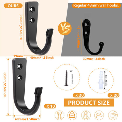 WODEGIFT 10Pcs Heavy Duty Wall Hooks for Hanging, Large Size Wall Hooks,Coat Hooks, for Backpacks, Coats, Cast Iron Pans and Other Heavy Items (Black Hooks)