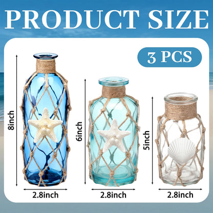 FoldTier Coastal Glass Vases Set of 3 Rustic Beach Vases for Flowers Natural Starfish Shell Jute Rope Sea Glass Bottle Farmhouse Nautical Home Decor for Table Mantel Shelf Living Room Kitchen Bathroom