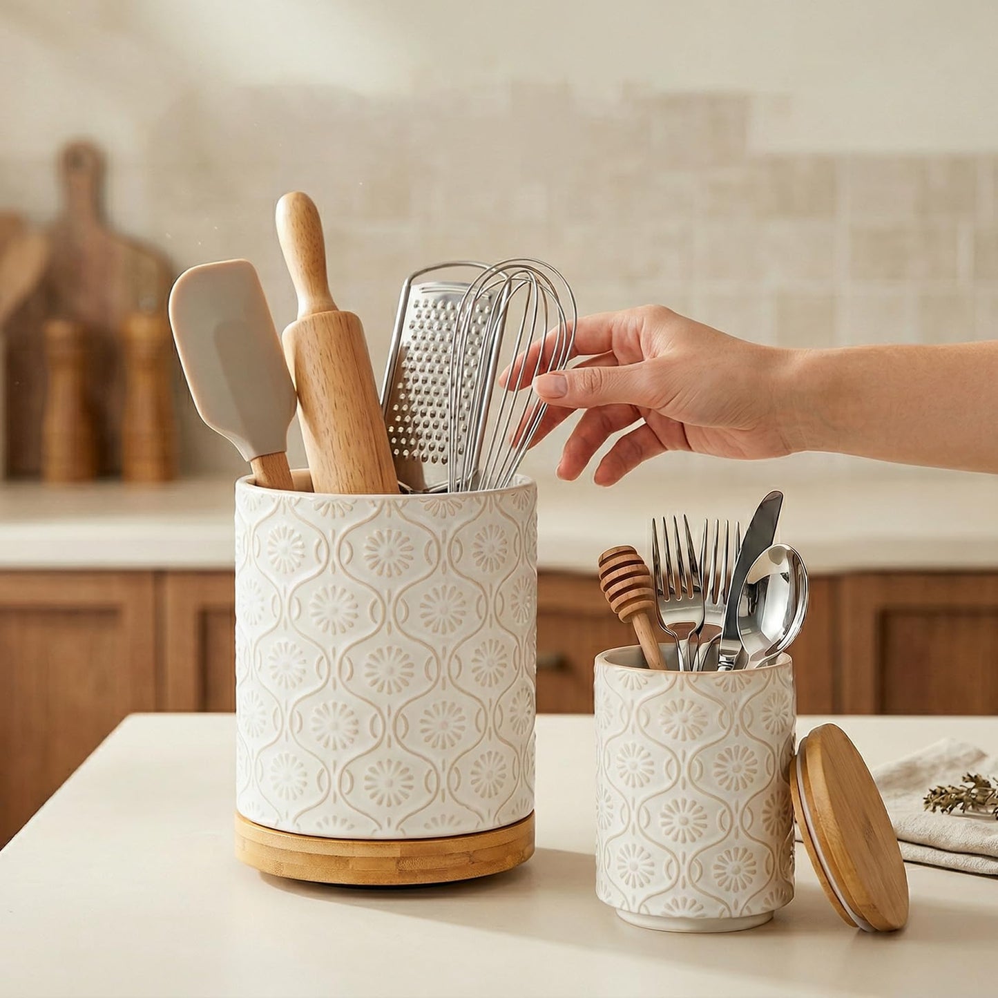 Newise Utensil Holder - Set of 2, Ceramic Kitchen Utensil Holder for Countertop, Large Utensil Crock with 360° Rotating Base, 7.7"+5.6" Embossed Cooking Storage and Decoration
