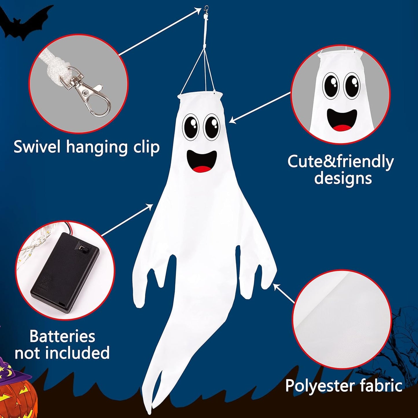 Geefuun 4PCS Warm Light Halloween Cute Ghost Windsocks Hanging Decorations - 43 Inch Flag Wind Socks for Home Yard Outdoor Decor Party Supplies (Batteries Not Included,No Timer)
