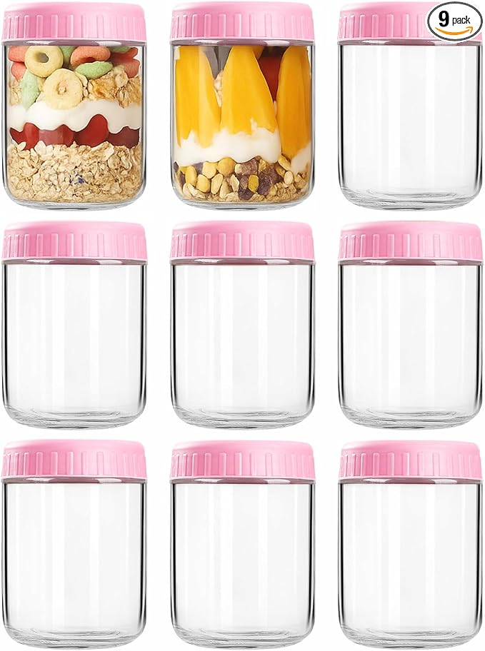 Overnight Oats Containers with Lids, 16oz Wide Mouth Mason Jars with Lids, 9 Pack Glass Jars with Airtight lid for Chia Pudding Yogurt Salad, Meal Prer Oatmeal Jars, Pink