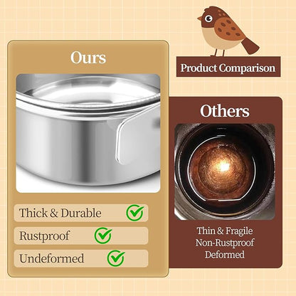 Bird Cage Feeder, Bird Feeder for Cage, 10oz Stainless Steel Food Water Bowl with Clamp, Clip-On Cage Coop Cup for Parrot Hamster Rabbit Rat Small Animals