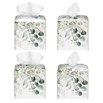 Eucalyptus Leaves and Flowers Tissue Box Cover Square,Watercolor Green Leaves Branches Tissue Box Holder Waterproof Leather Facial Paper Organizer Dispenser for Bathroom Home Car Nightstand Vanity