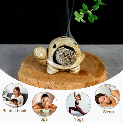 Mougigi Handcrafted Brown Ceramic Turtle Mini Chiminea Palo Santo Burner Holder ，for Burning Sage、Cone Incense、Copal&Small Candle，Thoughtful Gifts for Meditation, Yoga, Aromatherapy Altar、Zen Spaces