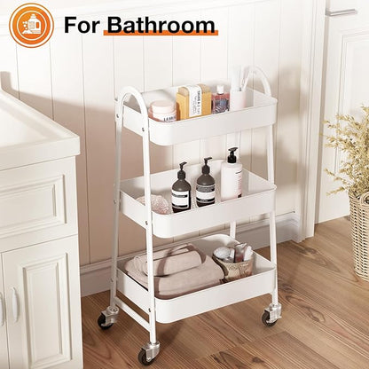 NEWBULIG 3-Tier Metal Rolling Storage Cart, Heavy Duty Mobile Utility Organizer Shelf with Lockable Wheels, Multifunctional Trolley for Daily Supplies, Home Indoor Daily Use, White