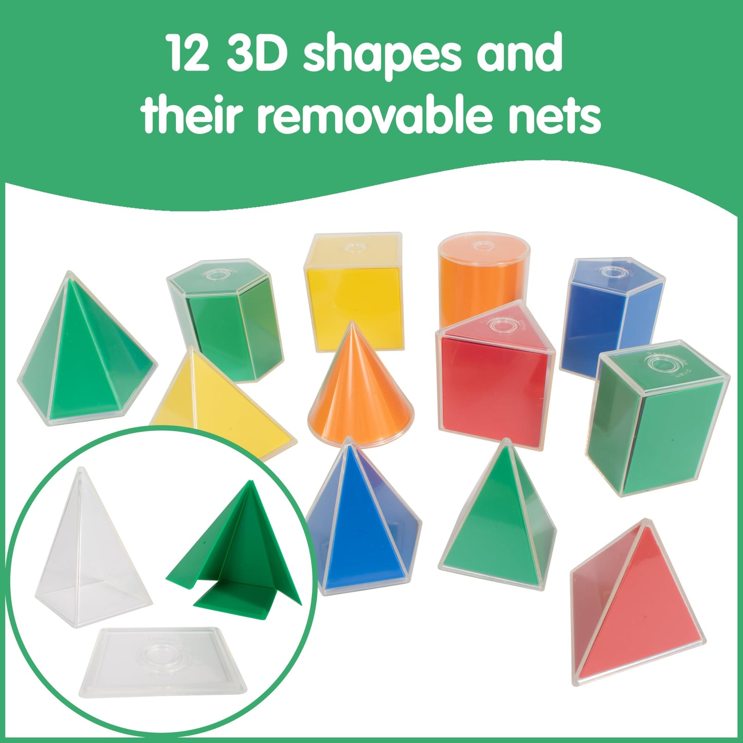 Edxeducation 2D3D Geometric Solids - Set of 24-12 Multicolored Shapes, 12 2D Nets and Activity Guide - Early Math Manipulative and Geometry for Kids