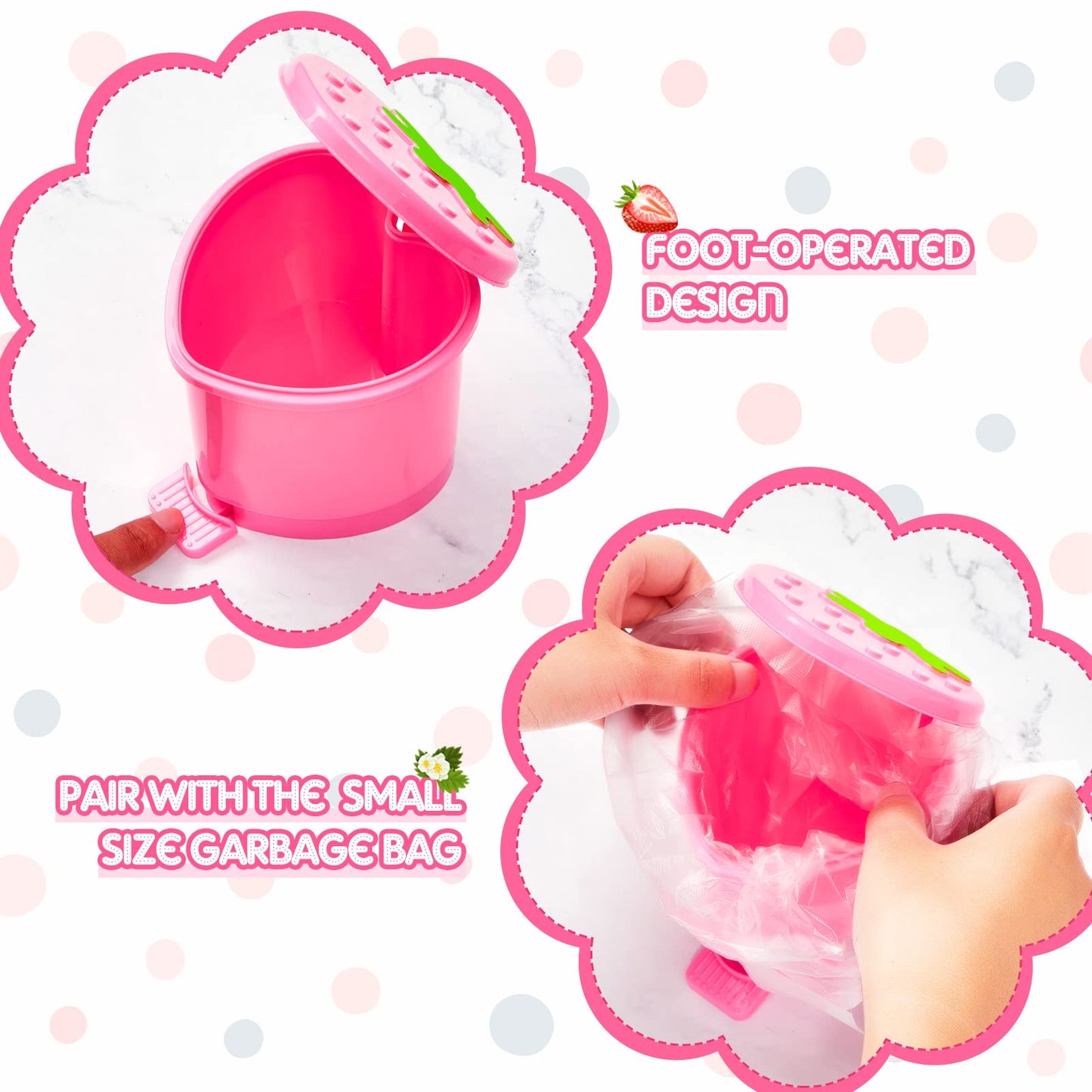 3 Pcs Strawberry Trash Can with 100 Pieces of Trash Bags 4 x 3.5 inch Cute Mini Pop up Trash Can Pink Desktop Garbage Can Strawberry Countertop Wastebasket for Desk Bathroom Bedroom Kitchen Office