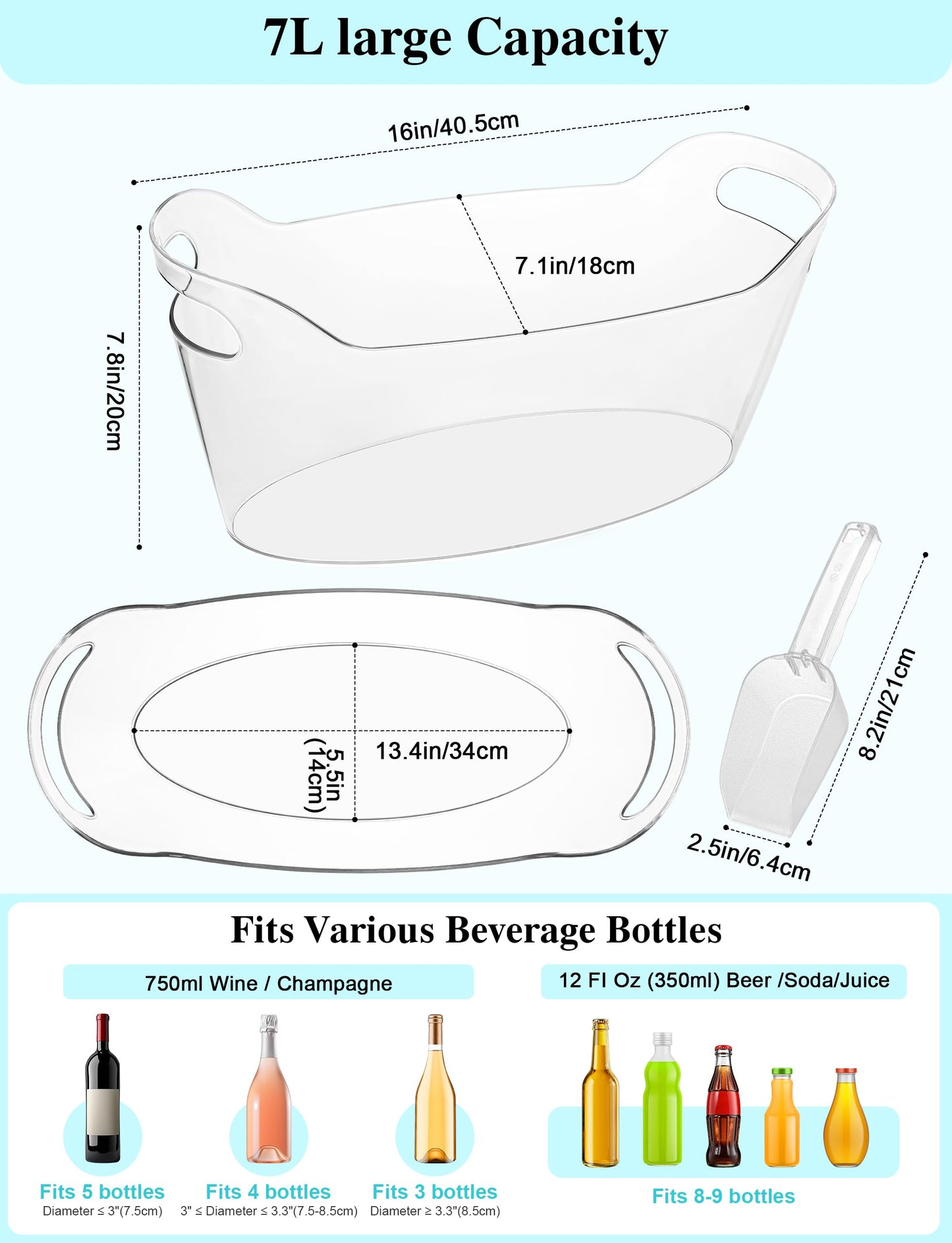 HOYTST 7L Ice Buckets for Parties, 2-Pack Clear Acrylic Champagne Bucket, Large Beverage Tub with Scoop, Portable Cooler Barrel for Cocktail, Beer, Wine Drinks, Mimosa Bar Supplies