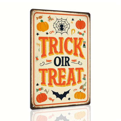 Trick or Treat Halloween Pumpkin Spider Web Candy Retro Metal Tin Sign Wall Art Decor for Front Door Home Halloween Party Indoor Outdoor 8x12 Inch