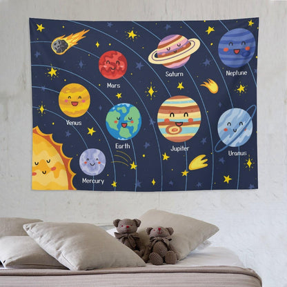 DDCBNS Cartoon Solar System Tapestry for Kids Boys Girls,Cute Outer Space Planet Universe Galaxy Print Tapestry Wall Hanging Home Décor for Study Bedroom Living Room Nursery 80" x 60"