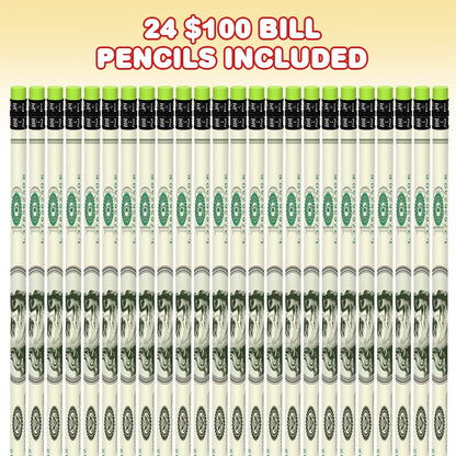 ArtCreativity $100 Bill Pencils - Set of 24 Fun Money Pencils with Erasers, Birthday Party Favors, Goody Bag Fillers & Classroom Teacher Supplies