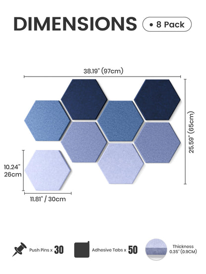 Fluxynara Hexagon Cork Board Alternative for Walls Decor-8-Pack Felt Bulletin Board Tiles,with 30 Pushpins,50 Adhesive Tabs for Office,Classrooms & Home Pin Board Felt Board-Denim Mist