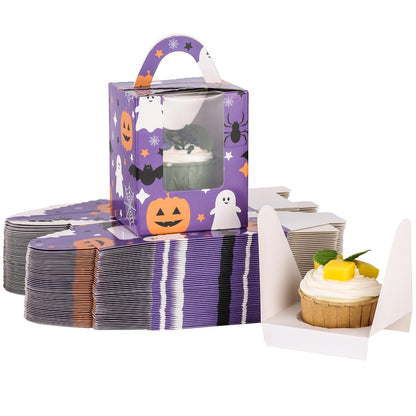 acDesign 50pcs Halloween Cupcake Boxes With Handle & Clear Window - Purple Pumpkin