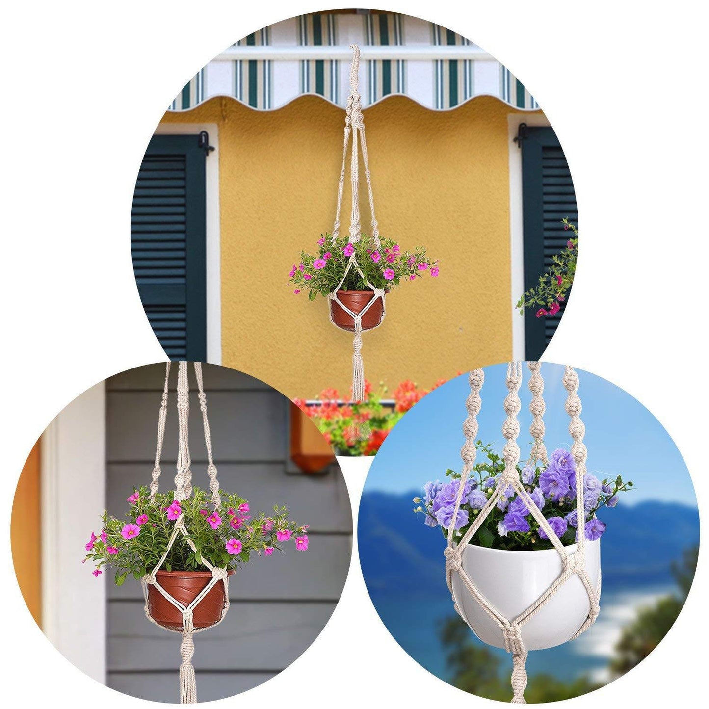 MIPON 3 Pack Macrame Plant Hangers with Hooks - 3 Sizes (34"/41"/46") Handmade Cotton Indoor/Outdoor Hanging Planter Holders,Boho Home Decor for Patio Balcony Living Room, Fits 5-10 Inch Pots