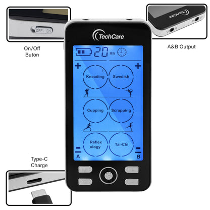 TechCare Plus 24-Mode TENS & EMS Dual-Channel Muscle Stimulator – Rechargeable Pain Relief Set with Massage Belt, Reflexology Shoes, Magnetic Therapy, Timer