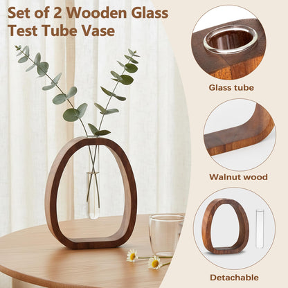 Houmury Walnut Wood Propagation Station Set of 2 Hydroponic Glass Test Tube Vases 7.5” & 5.8” for Plants Cuttings Modern Farmhouse Table Centerpieces for Home Office Desk Decor
