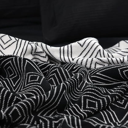 Black and White Throw Blankets, Knitted Modern Patterned Throw Blanket, Soft Lightweight Woven Throw Blanket for Sofa Couch Bed and Living Room, Black&White (50x70 Inch)