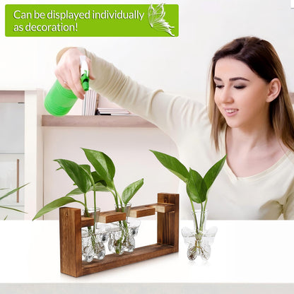 Glass Plant Propagation Station Butterfly Planter Vase with Wooden Stand Birthday Gifts for Women Mom Plant Lovers Office Home Decoration