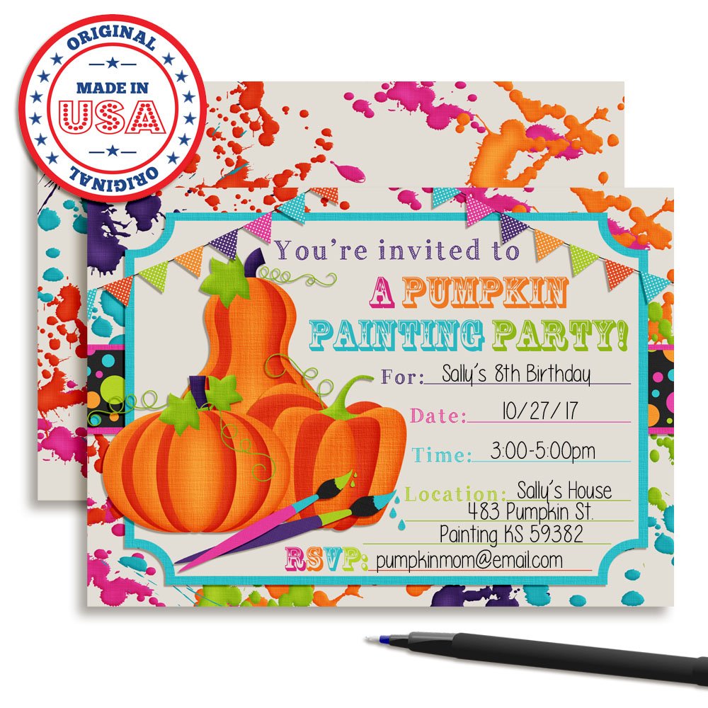 Pumpkin Painting Halloween Birthday Party Invitations, 20 5x7 Fill In Cards with Twenty White Envelopes by AmandaCreation