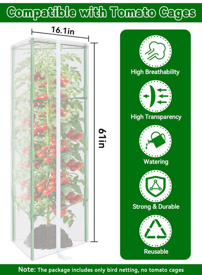 ZeeDix Tomato Cages with Bird Netting Set - 4 Pack 57 Inches Heavy Duty Tomato Cages + 4 Pack 61 Inches Garden Mesh Barrier for Tomatoes Climbing Vegetables Flowers
