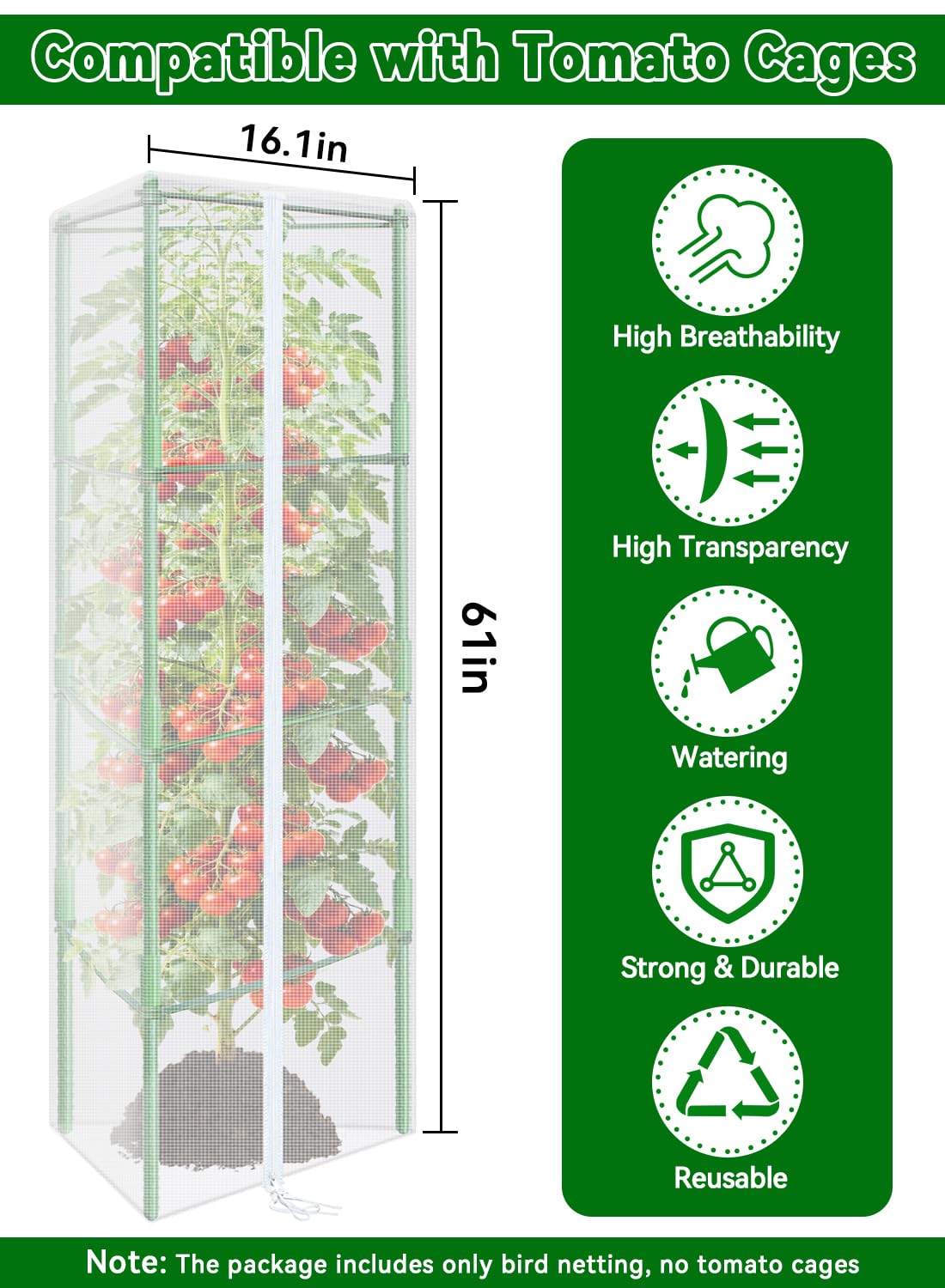 ZeeDix Tomato Cages with Bird Netting Set - 2 Pack 57 Inches Heavy Duty Tomato Cages + 2 Pack 61 Inches Garden Mesh Barrier for Tomatoes Climbing Vegetables Flowers