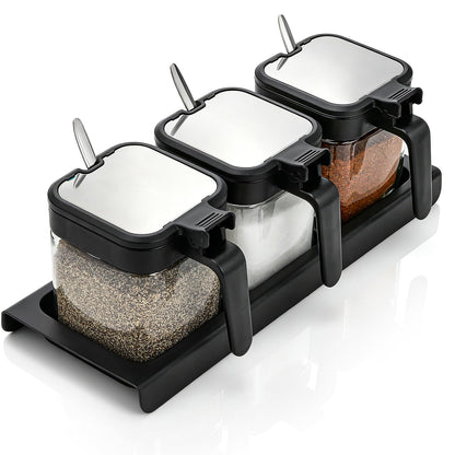 DEAYOU Set of 3 Condiment Jar Spice Container with Lids and Spoons, 10oz Clear Glass Seasoning Box with Tray, Salt Pepper Sugar Storage Container Spice Jar Cruet for Kitchen, Counter