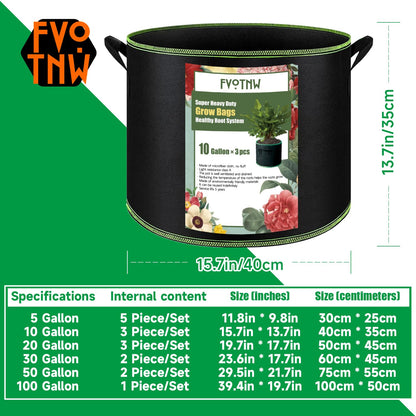 FVOTNW 3-Pack 10 Gallon Plant Grow Bags, Thickened Nonwoven Fabric Pots with Handles,Sturdy Garden Planters Aeration Gardening Container to for Plants, Vegetables, and Flowers