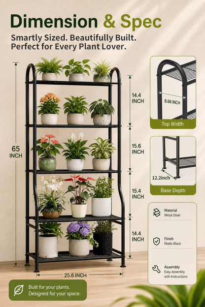 Yutrchey 5-Tier Metal Plant Stand - Heavy Duty Indoor Outdoor Flower Shelf for Multiple Pots, 65" Tall Vertical Holder with Adjustable Leveling Feet & Wall-Fixing Kits, Black