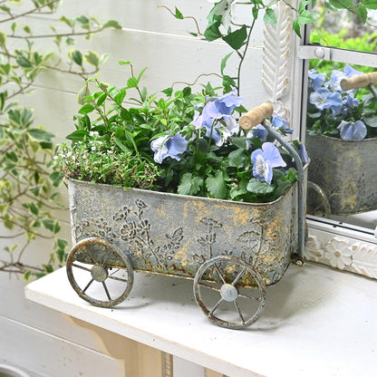 Zokyntrix Flower Cart with Wooden Handles, Metal Wagon Planters for Outdoor Plants, Garden Planter with Wagon Wheels, Decorative Wheelbarrow, Plant Cart for Patio Garden Balcony (Blue)